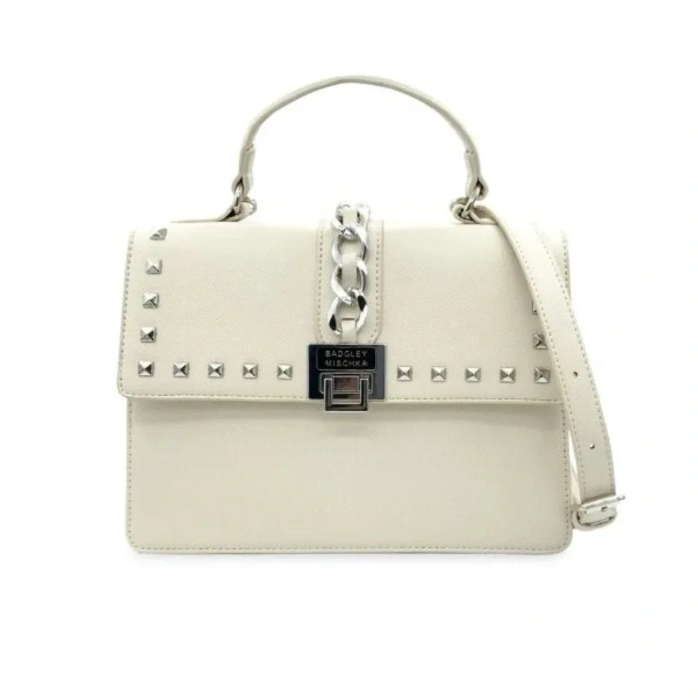 BADGLEY MISCHKA Chain Trim Two Way Shoulder Bag Crossbody Purse Strap Off White